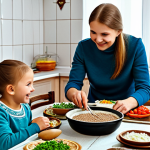Healthy Eating in Russia**

"A family-friendly scene depicting a Russian family enjoying a traditional and healthy meal at their home, featuring dishes like Kasha (buckwheat porridge) with mushrooms and vegetables. The setting is a cozy kitchen with traditional Russian elements like a Samovar. The family is smiling and engaged in conversation, promoting healthy eating habits. fully clothed, safe for work, appropriate content, modest clothing, perfect anatomy, correct proportions, natural pose, professional photography, high quality, family-friendly."

**