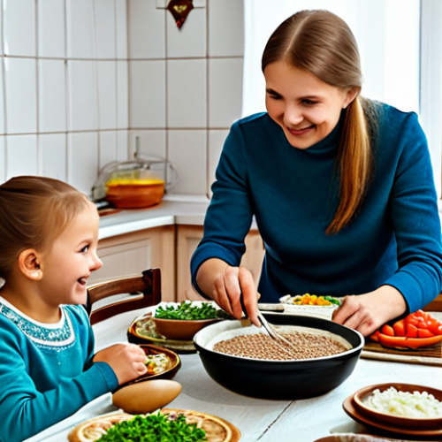 Home 4 Healthy Eating in Russia**
"A family-friendly scene depicting a Russian family enjoying a traditional and healthy meal at their home, featuring dishes like Kasha (buckwheat porridge) with mushrooms and vegetables. The setting is a cozy kitchen with traditional Russian elements like a Samovar. The family is smiling and engaged in conversation, promoting healthy eating habits. fully clothed, safe for work, appropriate content, modest clothing, perfect anatomy, correct proportions, natural pose, professional photography, high quality, family-friendly."
**