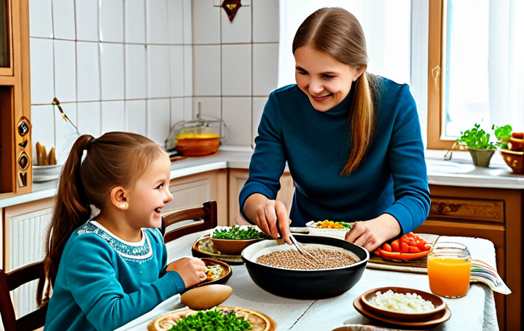 Healthy Eating in Russia**
"A family-friendly scene depicting a Russian family enjoying a traditional and healthy meal at their home, featuring dishes like Kasha (buckwheat porridge) with mushrooms and vegetables. The setting is a cozy kitchen with traditional Russian elements like a Samovar. The family is smiling and engaged in conversation, promoting healthy eating habits. fully clothed, safe for work, appropriate content, modest clothing, perfect anatomy, correct proportions, natural pose, professional photography, high quality, family-friendly."
**